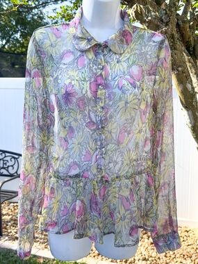 Vintage Lila White Sheer Floral Blouse Peplum Button Front USA M